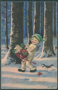 【レア】アンティーク・ポストカード　『F.B. /新年、キノコと四葉のクローバー、子豚を運ぶ天使、小鳥＊1927年』