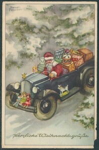 アンティーク・ポストカード　『Petersen/クリスマス、車でプレゼントを運ぶサンタクロース　Ｂ＊未使用』