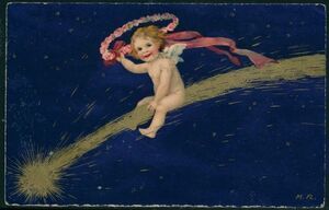 【レア】アンティーク・ポストカード　『Flatscher/流れ星に乗るかわいい天使＊1925年』