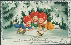 【レア】アンティーク・ポストカード　『Flatscher/新年、キノコの子供たちと小鳥＊1929年』
