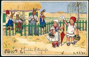 アンティーク・ポストカード　『L.D./イースター、ウサギの家族にさよならを言う子供たち』