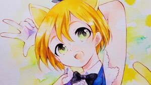 同人手描きラブライブイラスト「凛ちゃん　不思議の国」A4　水彩　コピック　おまけラフ画付き