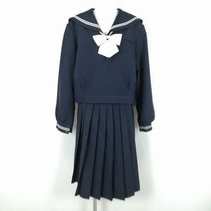 1円 セーラー服 スカート リボン 上下3点セット 175B 大きいサイズ 特大 冬物 白2本線 女子 学生服 中学 高校 紺 制服 中古 ランクC NA0705