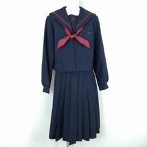 1円 セーラー服 スカート スカーフ 上下3点セット 大きいサイズ 冬物 赤2本線 女子 学生服 大分大野中学 紺 制服 中古 ランクC NA2766_画像1