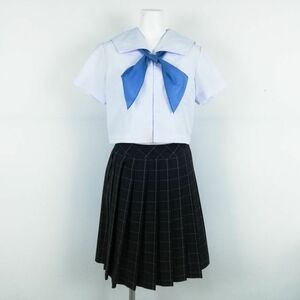 1円 セーラー服 チェックスカート スカーフ 上下3点セット 夏物 女子 学生服 中学 高校 白 制服 中古 ランクC NA1970