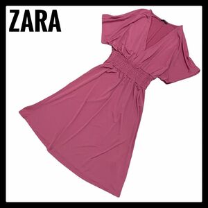 極美品♪ ZARA ザラ Aライン ロングワンピース ダークピンク 半袖 M~Lサイズ相当 ウエストゴム