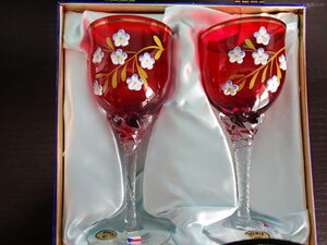 【C】BOHEMIA WINE GLASS・ チェコスロヴァキア・（ボヘミア　ワイングラス）（ルビー・・・2客）・発送サイズ・・・60