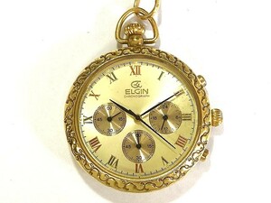 1円～ 中古 電池交換済み ELGIN エルジン 懐中時計 クロノグラフ 24KGP 3針 スモセコ ローマン ゴールド文字盤 メンズ 時計 クォーツ