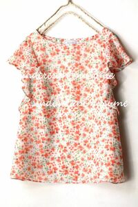 * Anatelier white orange pink floral print short sleeves blouse S French sleeve frill *