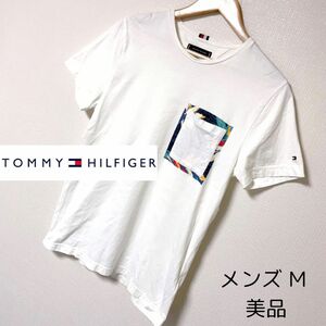 【美品】TOMMY HILFIGERトミーヒルフィガー メンズM 白Tシャツ 夏 カジュアル ボタニカル柄 ゴルフウェア