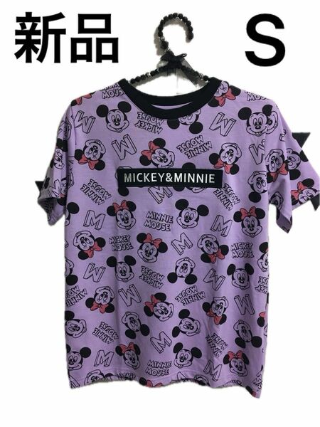 新品 S ミッキー半袖Ｔシャツ　夏服　ディズニー　紫 総柄