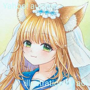 ◆手描きイラスト「狐の嫁入り前」 オリジナル A6 セーラー服 紫陽花 狐耳 ケモ耳 女の子 原画◆
