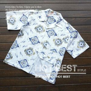 新品★PPM　アロハシャツ　半袖　オープンカラー　メンズ　白　青　ヴィンテージ風　サマー　カジュアル　リゾート ハワイアン　3503 XL