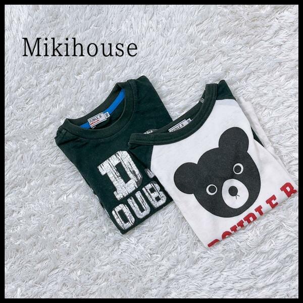 【12095】B品 MIKIHOUSE トップス 100センチ ホワイト ブラック 訳あり商品 ミキハウス Tシャツ 半袖 長袖 くま 2点セット キッズ 子供服