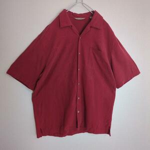 アロハシャツ ウッドボタン 開襟 シルク100% 胸ポケット リーフ 赤