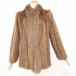 美品【 Majestic Furs / レアデザイン 】 ￥1000～ 高級毛皮 パステルミンク×フォックス ◆ハーフコート 70cm丈 ◆ブラウン ◆U448Y