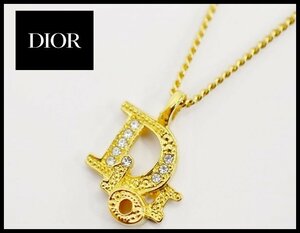 良品 Christian Dior ロゴモチーフ ネックレス 立体ロゴ ラインストーン クリスチャン ディオール ゴールド色