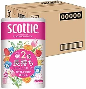 【ケース販売】 スコッティ 紙材 フラワーパック 2倍巻き(12ロールで24ロール分) トイレット 50m ホワイト ダブル ×4