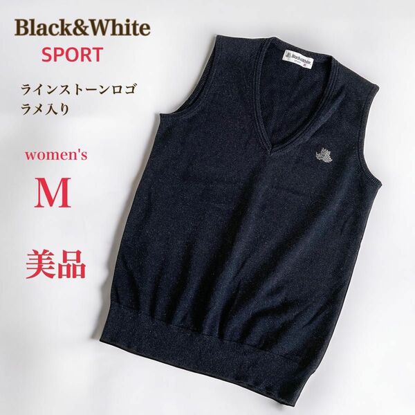 美品　Black&White ブラックアンドホワイト　ベスト　M　ラインストーン　ラメ入　黒　ゴルフウェア