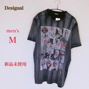 Desigual デシグアル　フェイスモチーフ コットンTシャツ　M　半袖　ブラック/グレー プリント　レッド刺繍