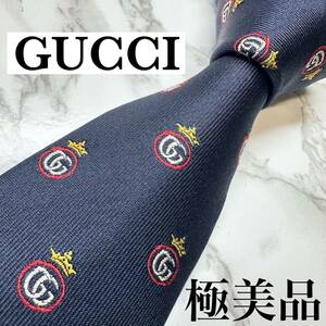 極美品 現行タグ レア GUCCI ネクタイ シルク100% GG柄 マーモントG 王冠 ソーホー ナロータイ ブランドロゴ 刺繍 ネイビー 送料無料