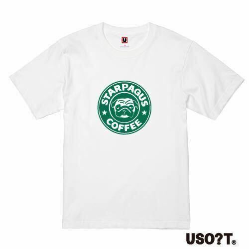 USOT うそT スターパグスコーヒー おもしろTシャツ かわいい パロディ ゆるい 半袖Tシャツ ホワイトTee WHITE 白 緑/緑 L