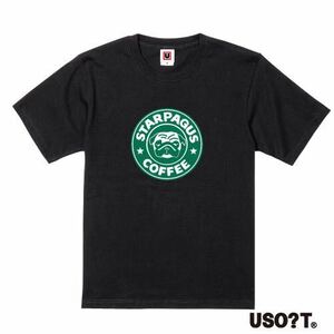 USOT うそT スターパグスコーヒー おもしろTシャツ かわいい パロディ ゆるい 半袖Tシャツ ブラック BLACK Tee 黒 緑/緑 S