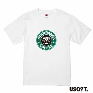 USOT うそT スターパグスコーヒー おもしろTシャツ かわいい パロディ ゆるい 半袖Tシャツ ブラック BLACK Tee 黒 緑/黒 S