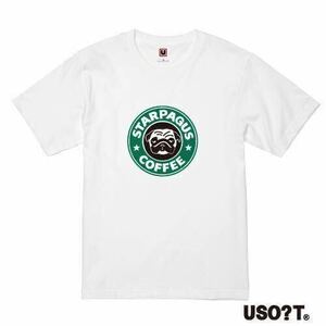 USOT うそT スターパグスコーヒー おもしろTシャツ かわいい パロディ ゆるい 半袖Tシャツ ホワイト White 白 緑/黒 S