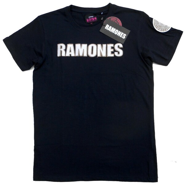 新品 未使用 正規 RAMONES ラモーンズ 半袖 Tシャツ M ネイビー 紺 ロゴ刺繍パッチ BRAVADO ROCK OFF ブラヴァド ロックオフ 白 ベージュ