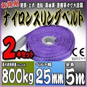 スリングベルト2本セット 5m 幅25mm 使用荷重800kg 0.8t 吊りベルト ベルトスリング ［ナイロンスリング 吊上げ ロープ 牽引 運搬］