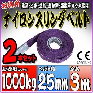 スリングベルト2本セット 3m 幅25mm 使用荷重1000kg 1t 1.0t 吊りベルト ベルトスリング ［ナイロンスリング 吊上げ ロープ 牽引 運搬］