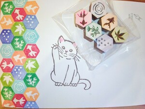 ＊★tobira★＊ 消しゴムはんこ ハンドメイド 中古《小さな6角6種ハンコ》★葉書*御朱印*手紙*カード等に【定形外￥120】■猫は別出品