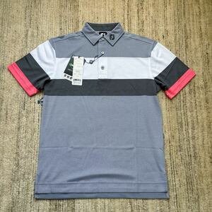 新品 フットジョイ Footjoy ポロシャツ 男性 L ゴルフ ドライ 吸汗速乾 抗菌防臭 ＵＶカット ストレッチ素材 青黄緑白ボーダーサラッとc