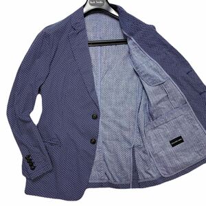 極美品/L-XL相当 ●EMPORIO ARMANI テーラード アンコン ジャケット 総柄 EXCLUSIVE FABRIC 最高級ライン 薄手 ネイビー 50サイズ 春 夏