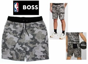 3万新品◆M◆ボス BOSS×NBAコラボ NY KNICKS カモフラージュプリント スウェットハーフパンツ 灰黒『Slam_Camo_NBA』1円