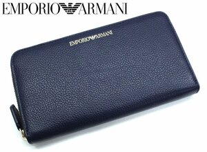 7万新品◆EMPORIO ARMANI アルマーニ 紺青ロゴ入りレザーラウンドジップ長財布1円