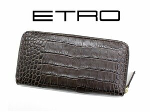 15万新品◆エトロ◆クロコダイル型押しレザー ラウンドジップ長財布 茶【ETRO】1円