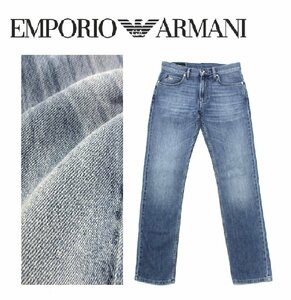 7万新品◆32◆EMPORIO アルマーニ イーグルモチーフプレート付き REGULAR FIT ストレッチデニムジーンズパンツ『J15』薄青 1円