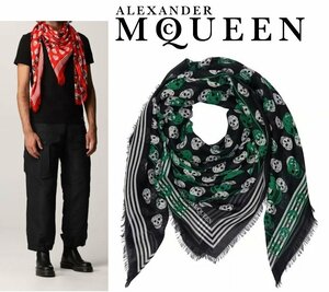 9 десять тысяч новый товар * Alexander McQueen * чёрный зеленый белый Skull принт большой размер шарф 120×140 1 иен 