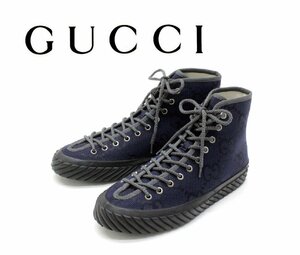 15万新品◆8=27㎝◆GUCCI グッチ 紺 マキシGG柄 キャンバス素材ハイカットスニーカー 1円