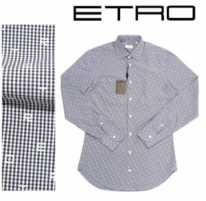 8万新品◆40=M～L◆エトロ◆紺白ギンガムチェック×ETROロゴ イタリア製爽やかコットンシャツ【ETRO】1円