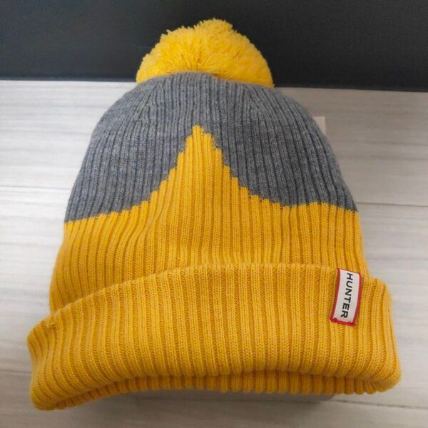 未使用 HUNTER ORIGINAL BOBBLE HAT ニット帽 WOOL100% 羊毛 イエロー/グレー キャップ 帽子