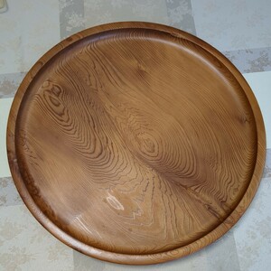 お盆 丸盆 一枚板　木製　42cm　天然木　靖修作　工芸品　アンティーク