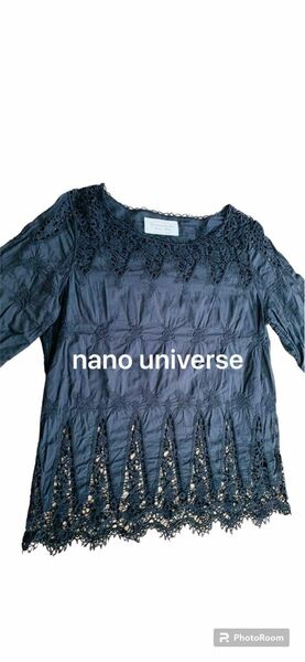 ナノユニバース　 ブラウス レースカットソー　七分袖　ブラック　黒　刺繍