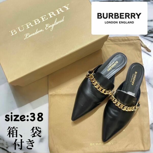 美品 BURBERRY バーバリー レザー ポインテッドトゥ フラット ミュール 38 パンプス ゴールド金具