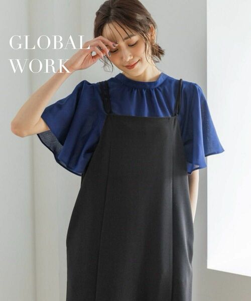 GLOBAL WORK お手入れらくらくフレンチリネンフリルブラウス　シャツ　ブラウス　2WAY リネン混　M トップス