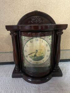 ③-72 置時計 クオーツ 帆船の絵 昭和レトロ 栃木時計 木製