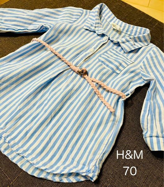 H&M ストライプ　シャツワンピース　70