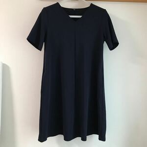 【中古】UNIQLO ユニクロ　カットソー ミラノリブVネックワンピース（半袖）サイズL ネイビー